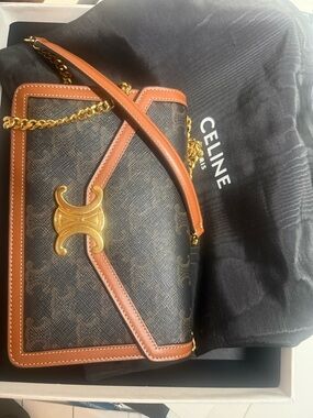 Celine Brown and Tan Triomphe Canvas Crossbody Bag with Gold Hardware
